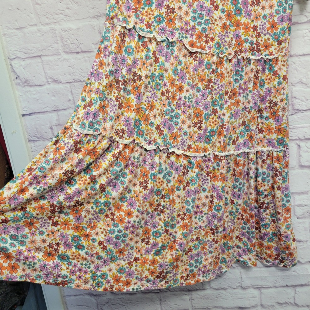 Greige Floral Tiered Cottage Dress Sz L Stretch Boho Lightweight Feminine Summer - Picture 5 of 8